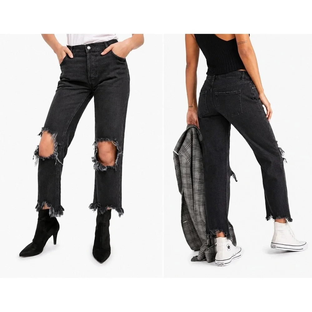 We The Free Free People Black Distressed Straight Leg Jeans Button Fly Size 31